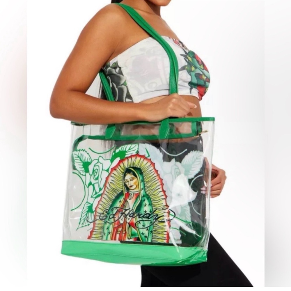 NWT Ed Hardy Virgin de Guadalupe Mary Clear Floral Tote Bag $159 Green